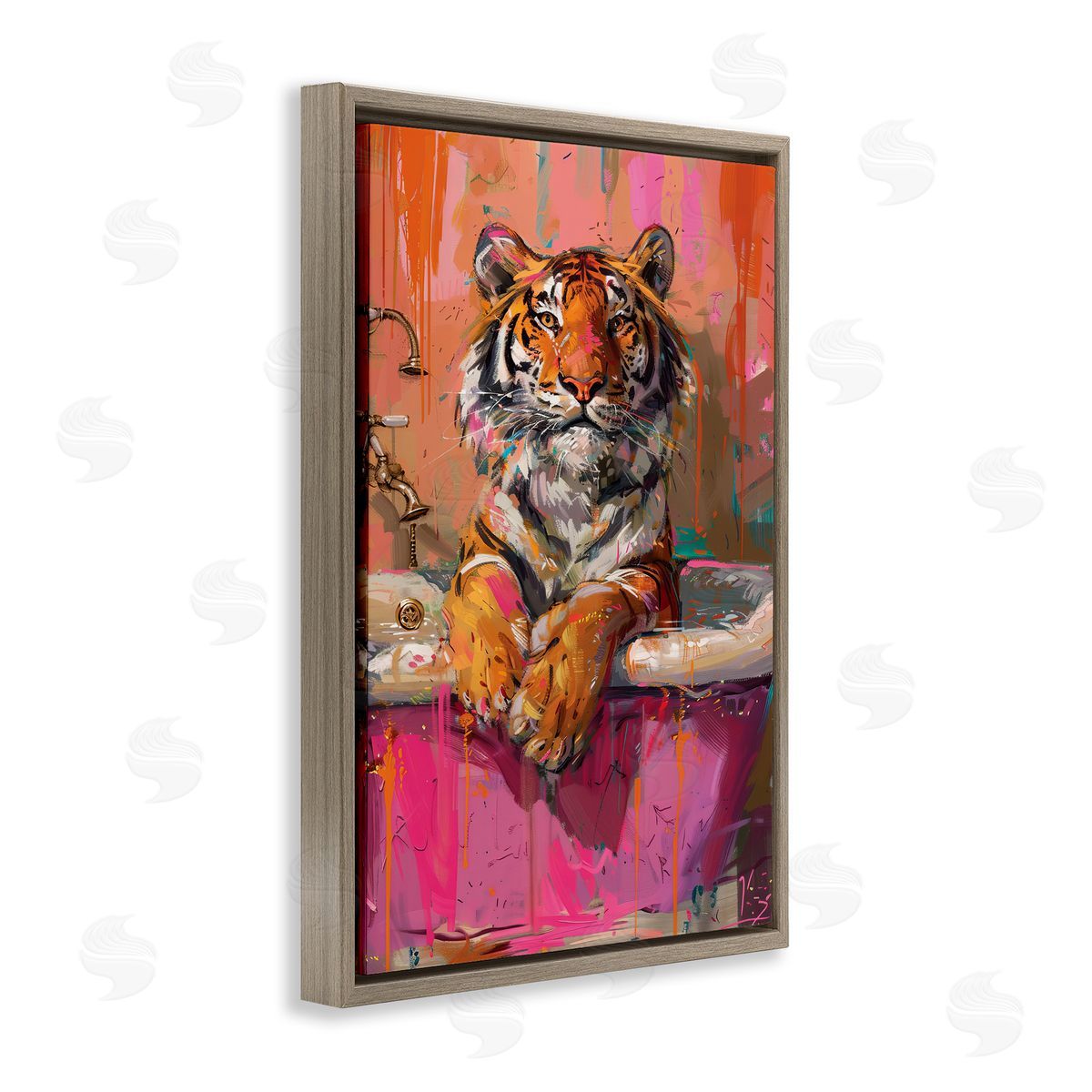 Fresh Abstraction Tiger in Bathtub Brown Floating Frame Canvas Wall Art, Home Decor by LSR Design Studio