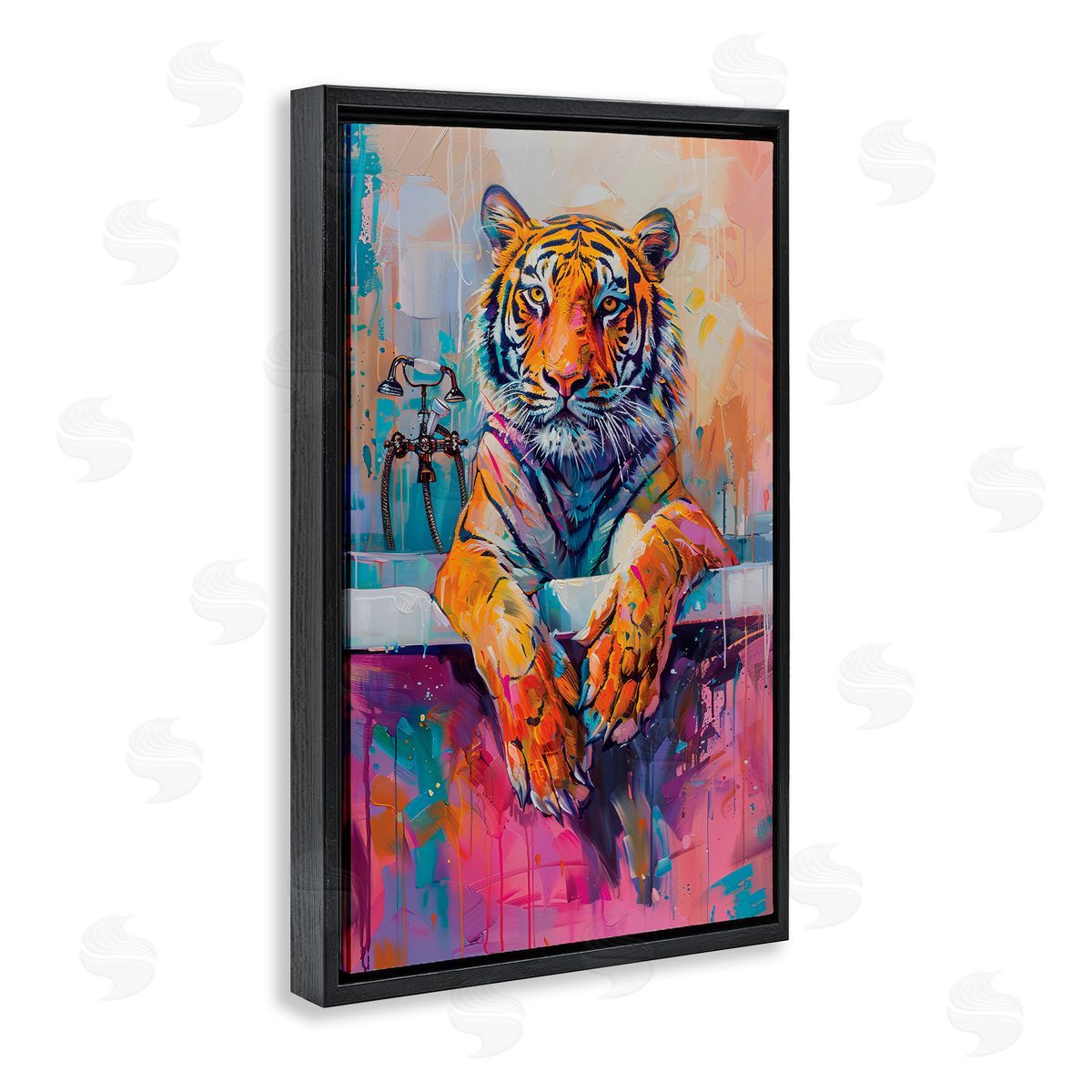 Bathing Tiger in Bright Tub Black Floating Frame Canvas Wall Art, Home Decor by LSR Design Studio