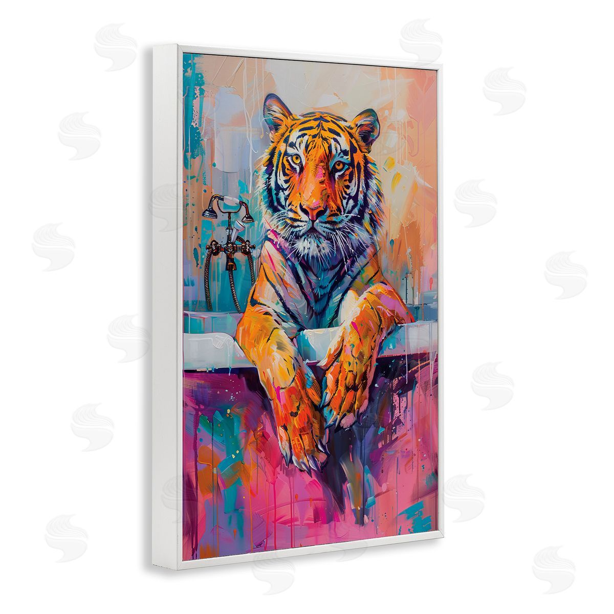 Bathing Tiger in Bright Tub White Frame Print Wall Art, Home Decor by LSR Design Studio