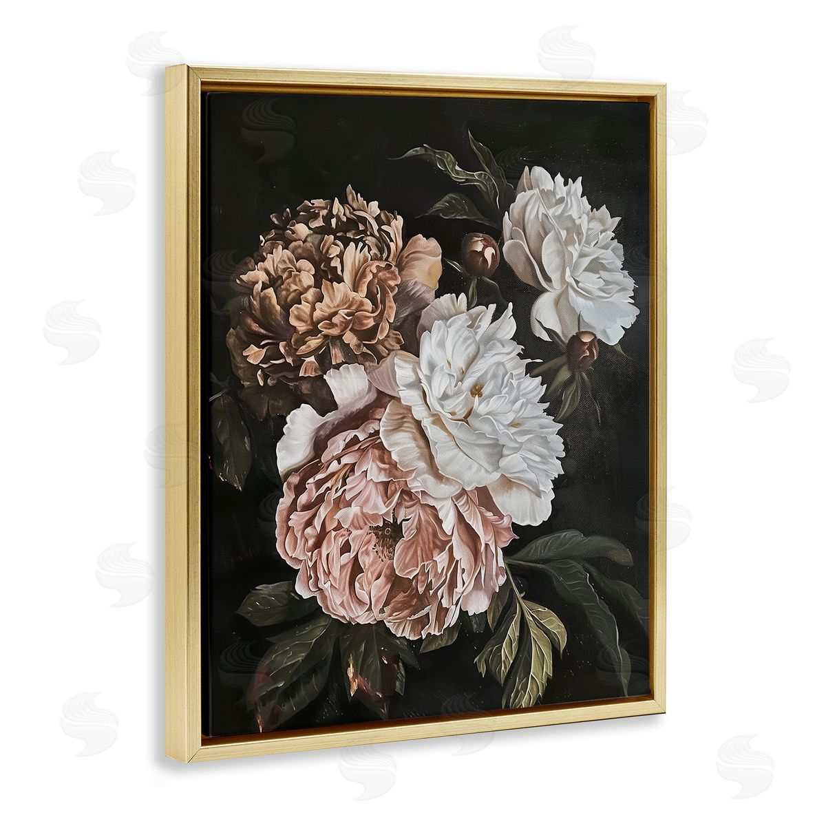 Moody Peonies on Black Gold Floating Frame Canvas Wall Art, Home Decor by Arlington Prints