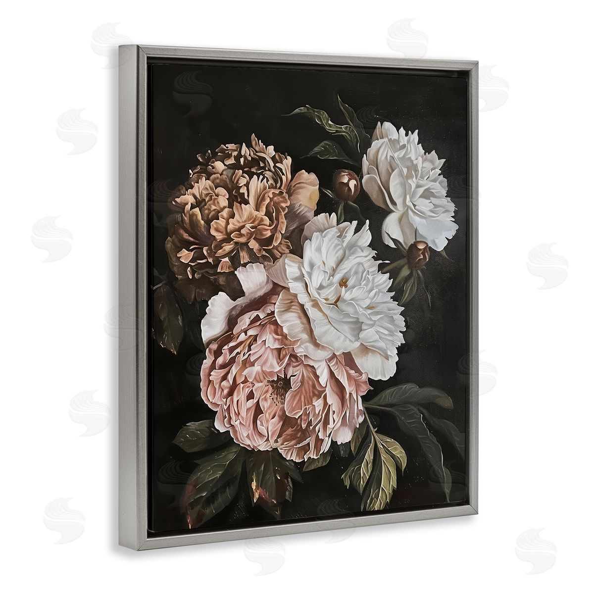 Moody Peonies on Black Grey Floating Frame Canvas Wall Art, Home Decor by Arlington Prints