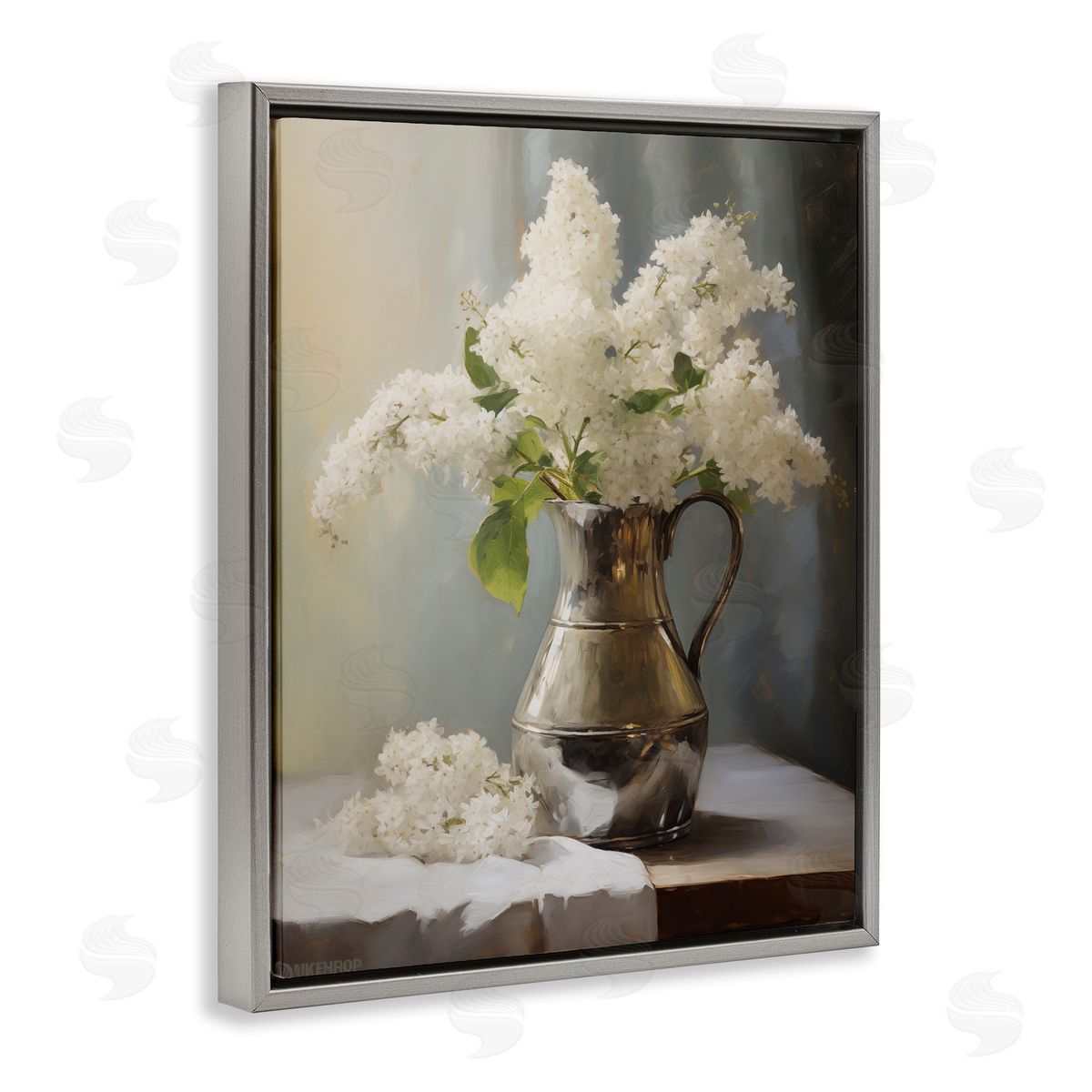 White Lilacs Still Life Grey Floating Frame Canvas Wall Art, Home Decor by Arlington Prints