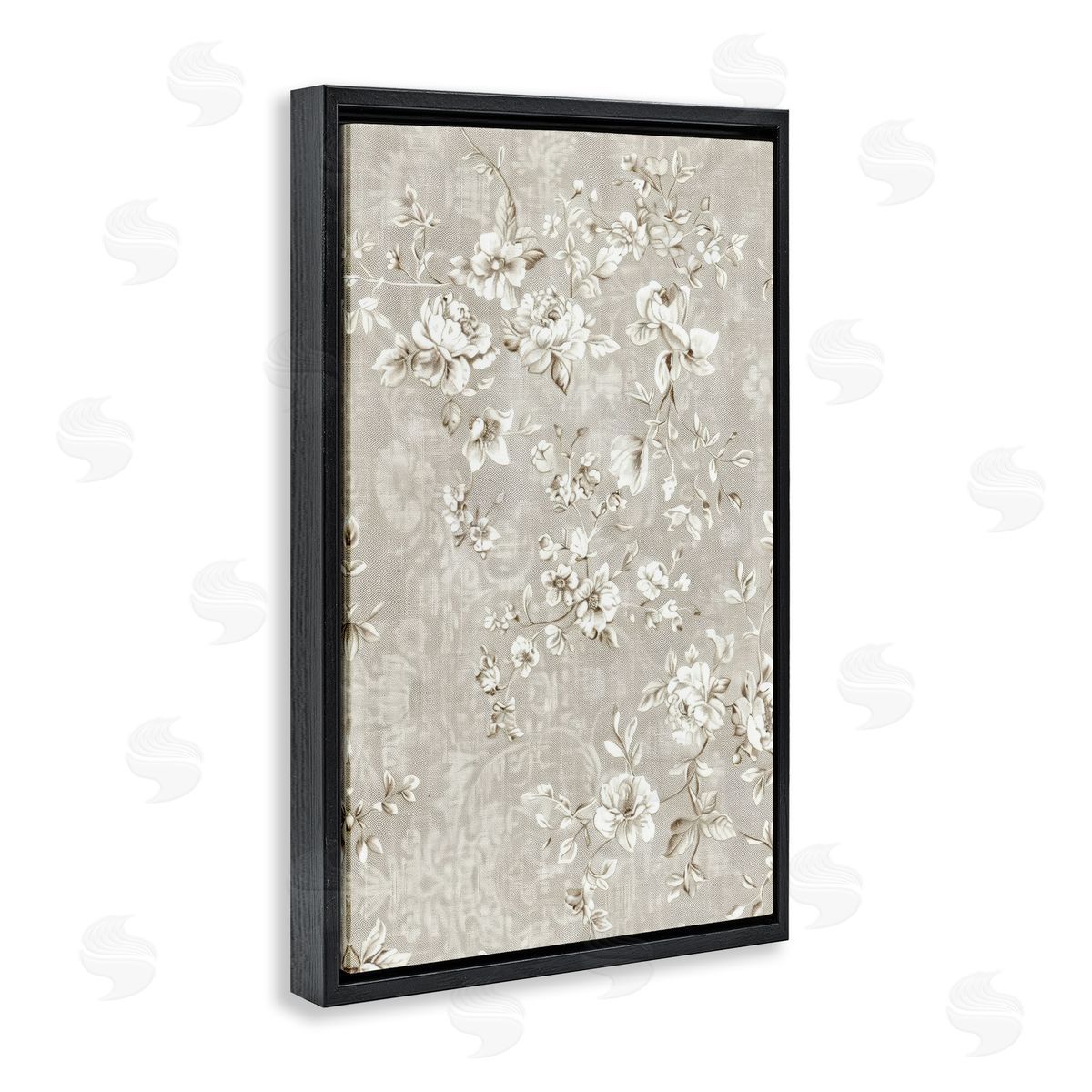 White Flowers over Damask Black Floating Frame Canvas Wall Art, Home Decor by LSR Creative Studio