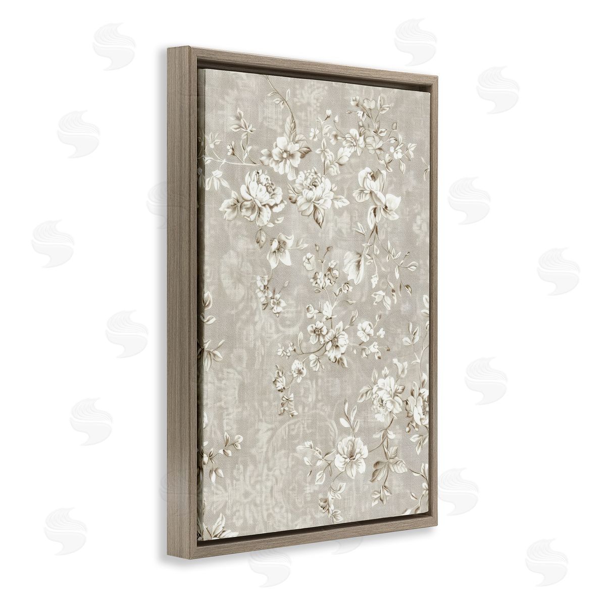 White Flowers over Damask Brown Floating Frame Canvas Wall Art, Home Decor by LSR Creative Studio