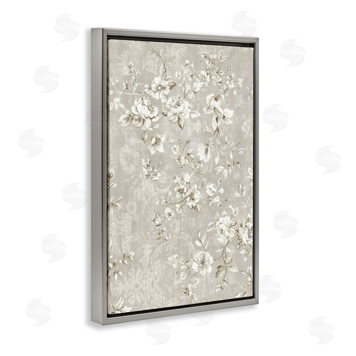 White Flowers over Damask Grey Floating Frame Canvas Wall Art, Home Decor by LSR Creative Studio