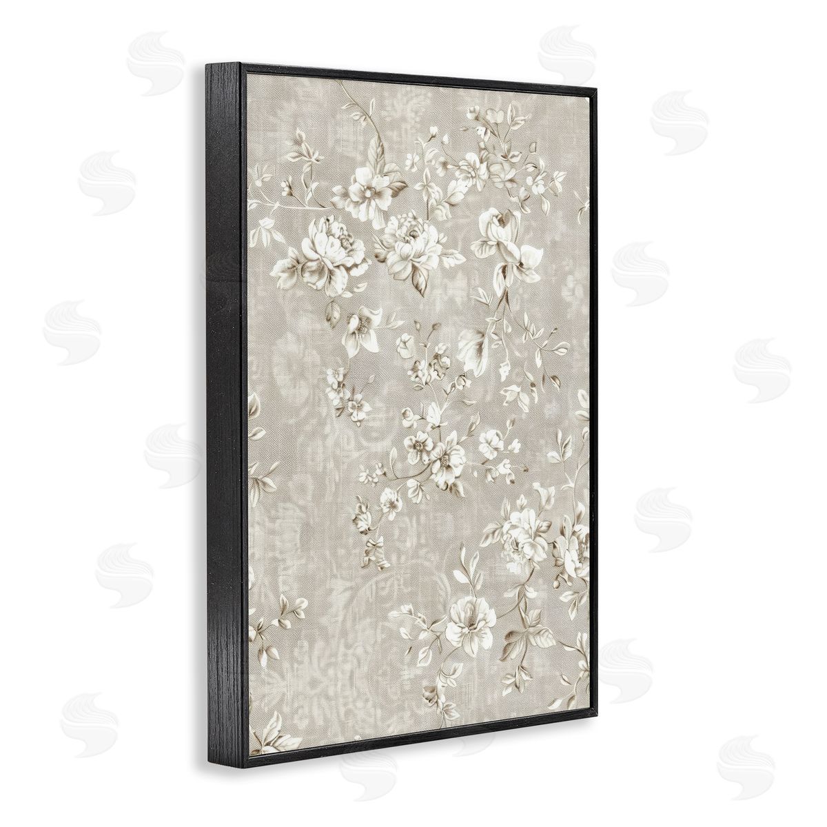 White Flowers over Damask Black Frame Print Wall Art, Home Decor by LSR Creative Studio