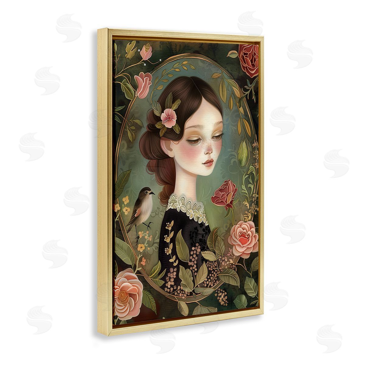 Vintage Lady & Floral Border Gold Floating Frame Canvas Wall Art, Home Decor by The Dutch Lady