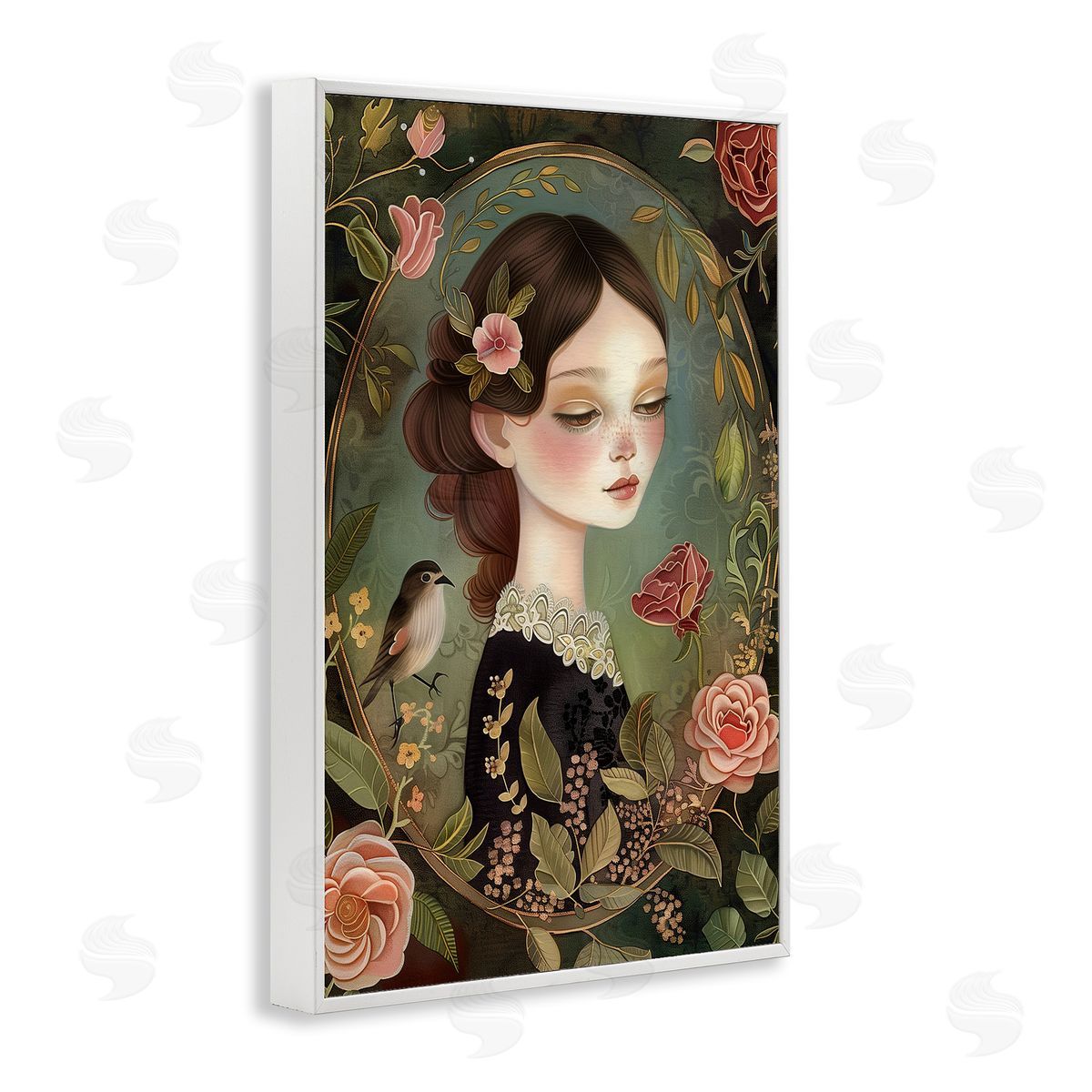 Vintage Lady & Floral Border White Frame Print Wall Art, Home Decor by The Dutch Lady