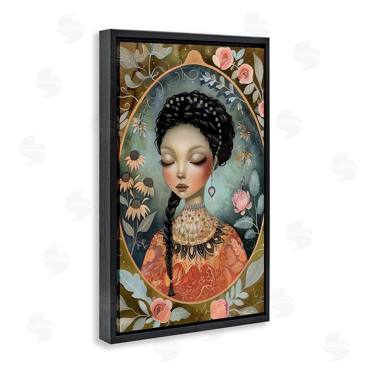 Floral Edged Portrait of Woman Black Floating Frame Canvas Wall Art, Home Decor by The Dutch Lady