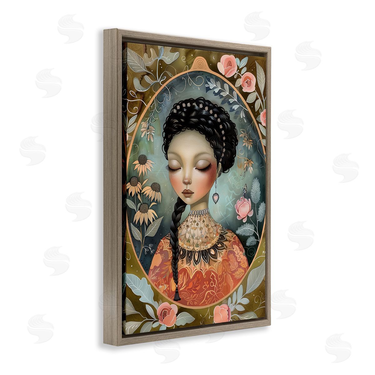 Floral Edged Portrait of Woman Brown Floating Frame Canvas Wall Art, Home Decor by The Dutch Lady