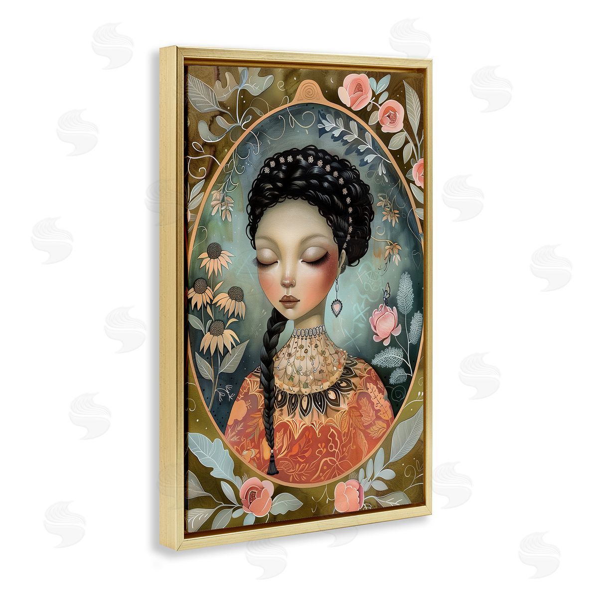 Floral Edged Portrait of Woman Gold Floating Frame Canvas Wall Art, Home Decor by The Dutch Lady