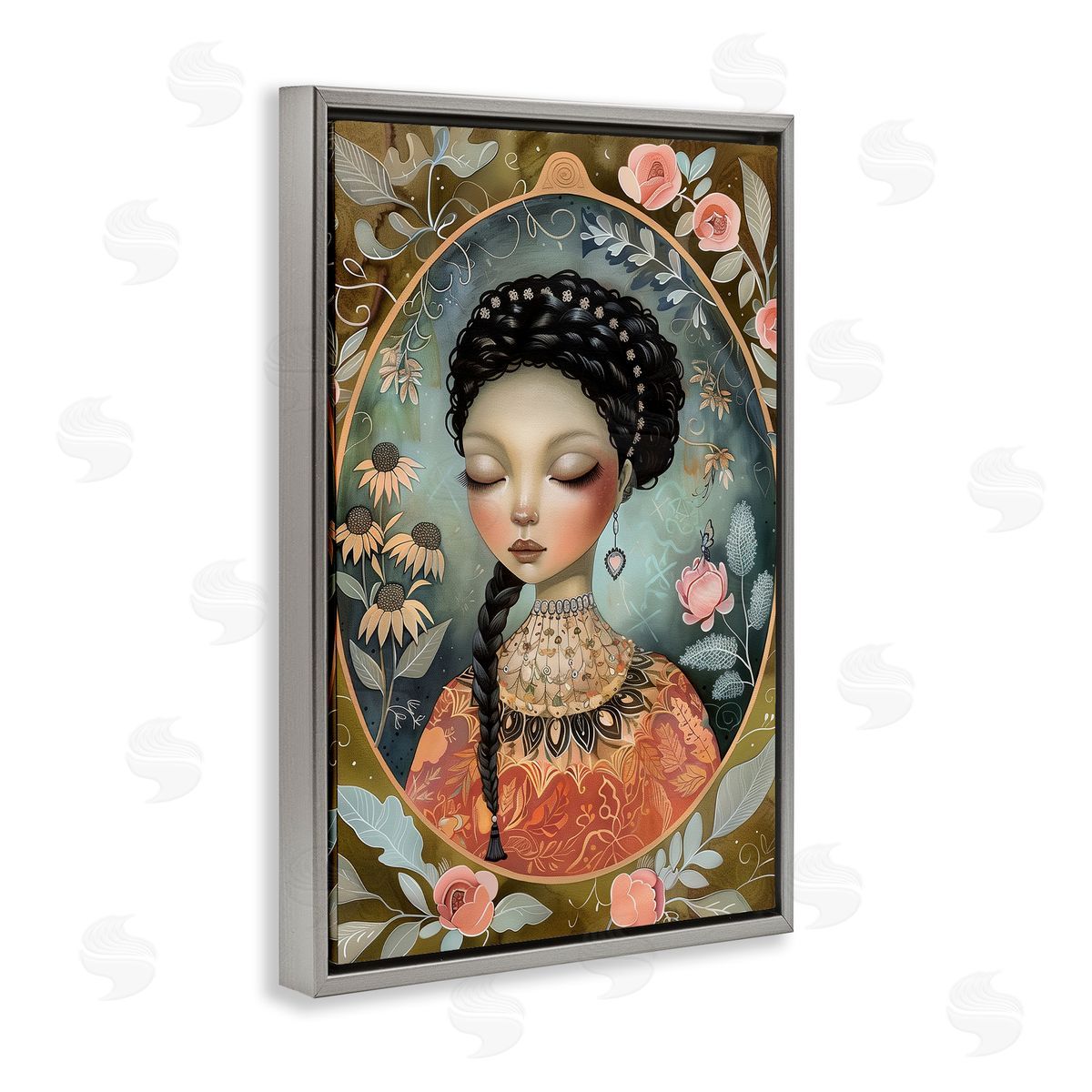 Floral Edged Portrait of Woman Grey Floating Frame Canvas Wall Art, Home Decor by The Dutch Lady
