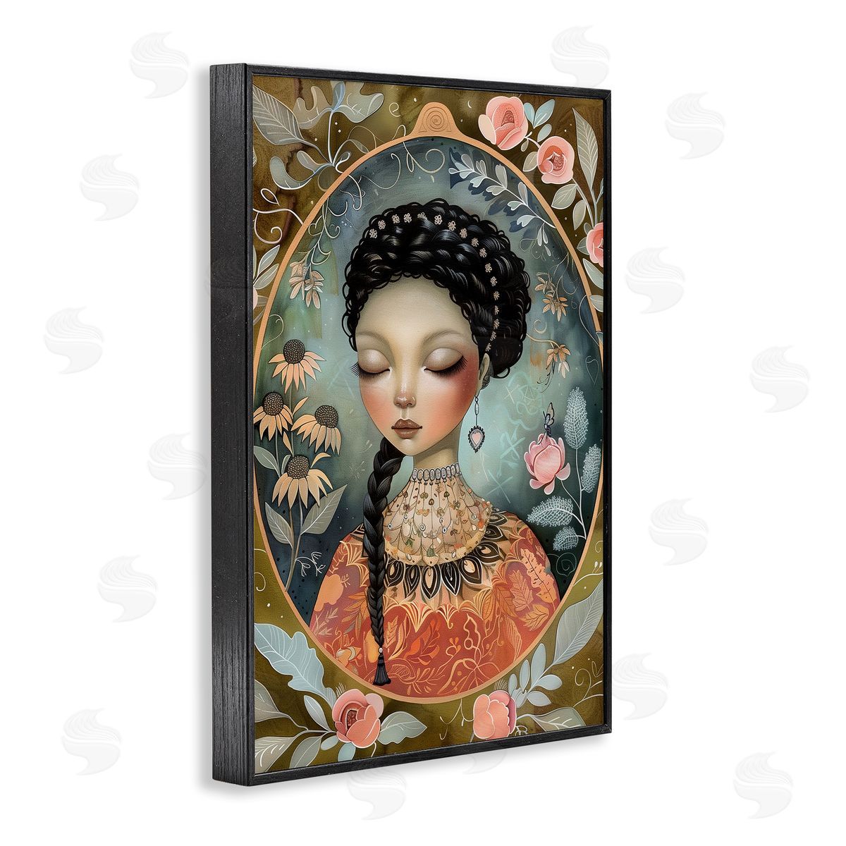 Floral Edged Portrait of Woman Black Frame Print Wall Art, Home Decor by The Dutch Lady