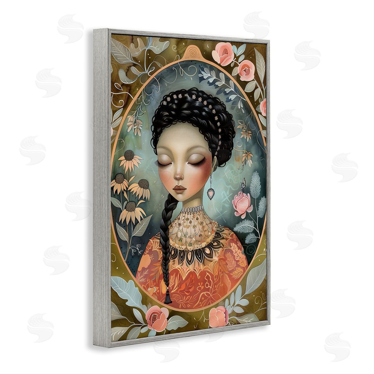 Floral Edged Portrait of Woman Grey Frame Print Wall Art, Home Decor by The Dutch Lady