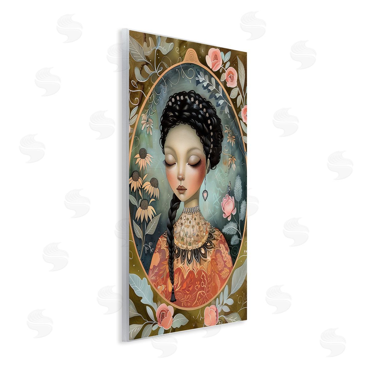 Floral Edged Portrait of Woman Wood Plaque Wall Art, Home Decor by The Dutch Lady