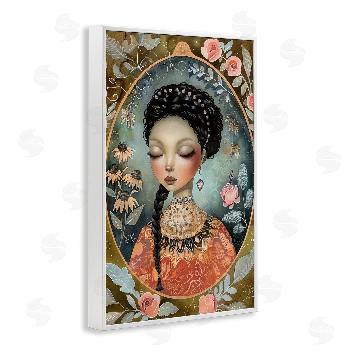 Floral Edged Portrait of Woman White Frame Print Wall Art, Home Decor by The Dutch Lady