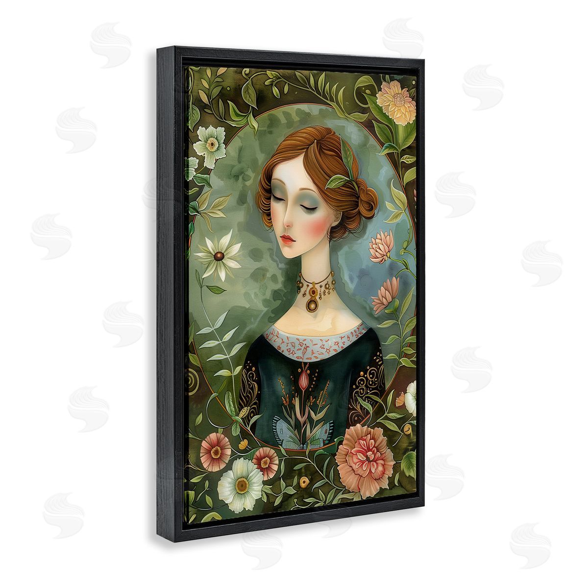 Floral Edged Victorian Woman Black Floating Frame Canvas Wall Art, Home Decor by The Dutch Lady