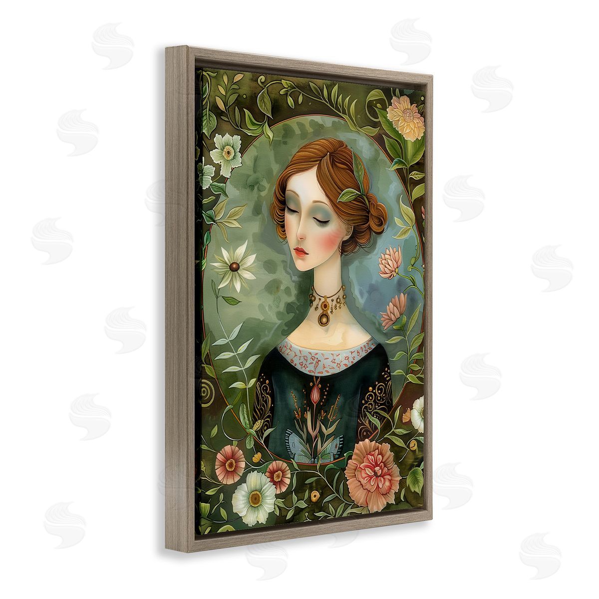 Floral Edged Victorian Woman Brown Floating Frame Canvas Wall Art, Home Decor by The Dutch Lady