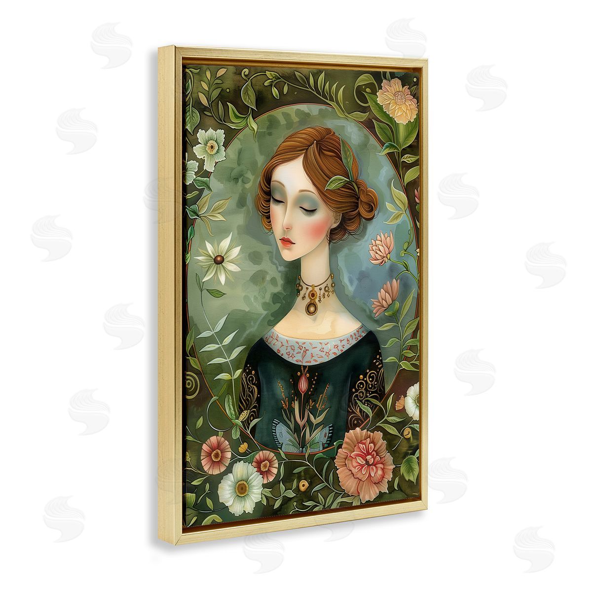 Floral Edged Victorian Woman Gold Floating Frame Canvas Wall Art, Home Decor by The Dutch Lady
