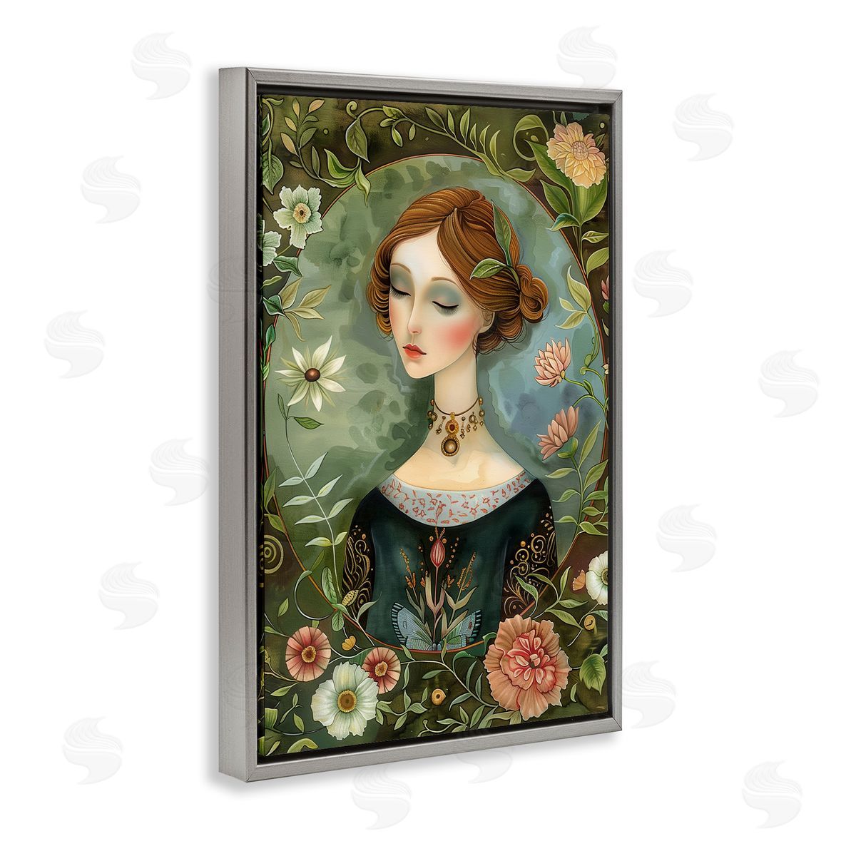 Floral Edged Victorian Woman Grey Floating Frame Canvas Wall Art, Home Decor by The Dutch Lady