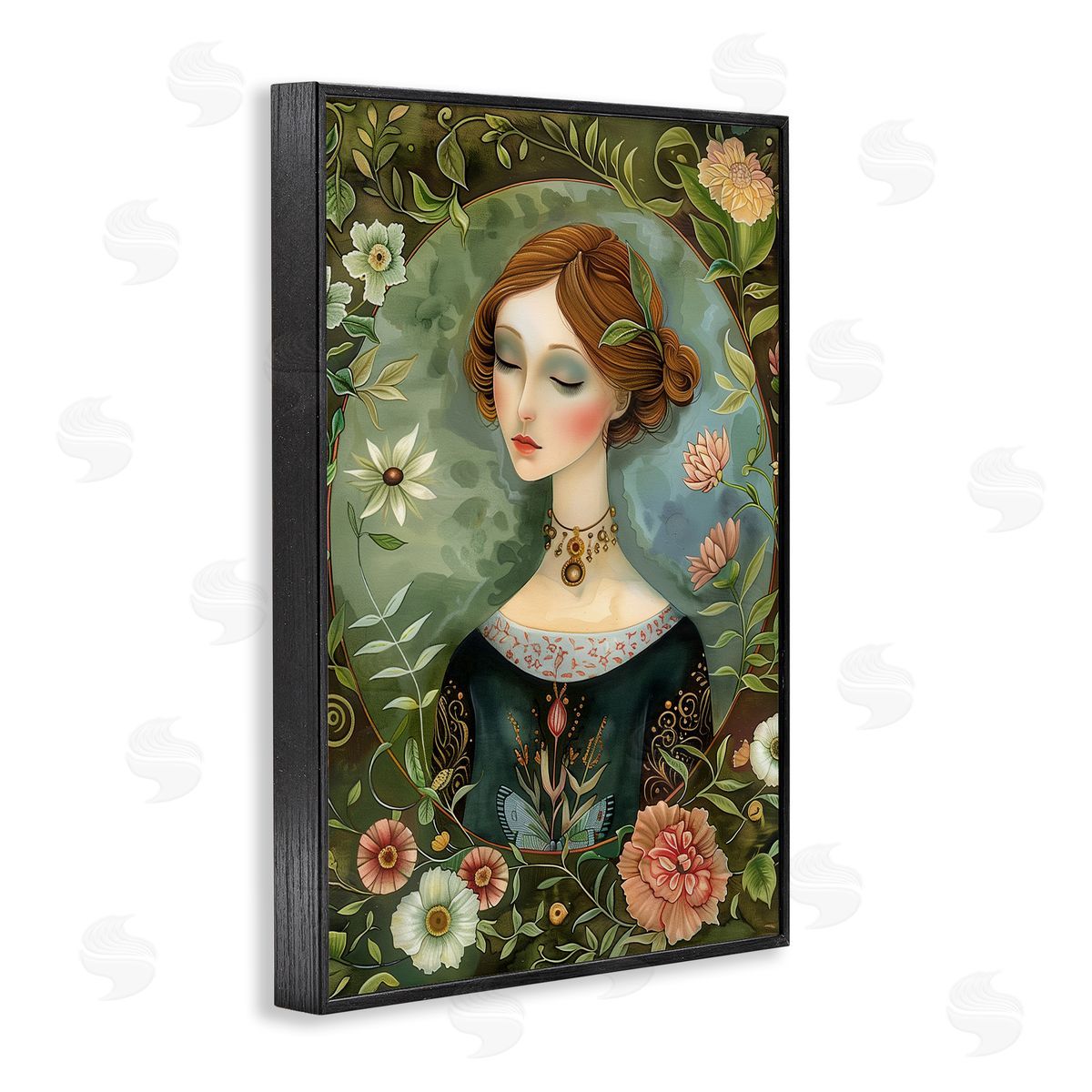 Floral Edged Victorian Woman Black Frame Print Wall Art, Home Decor by The Dutch Lady