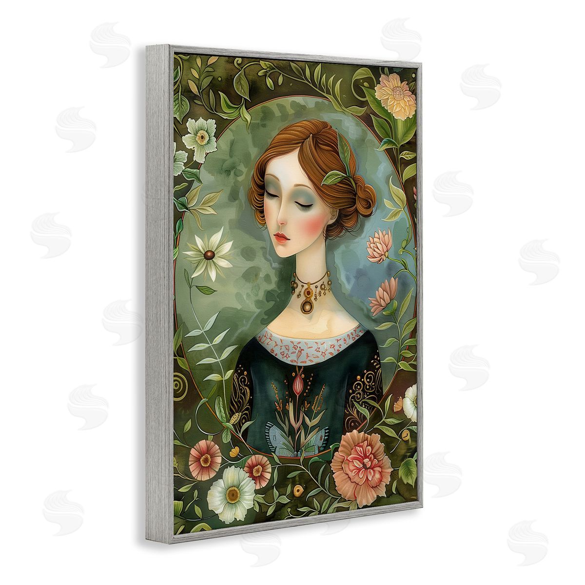 Floral Edged Victorian Woman Grey Frame Print Wall Art, Home Decor by The Dutch Lady