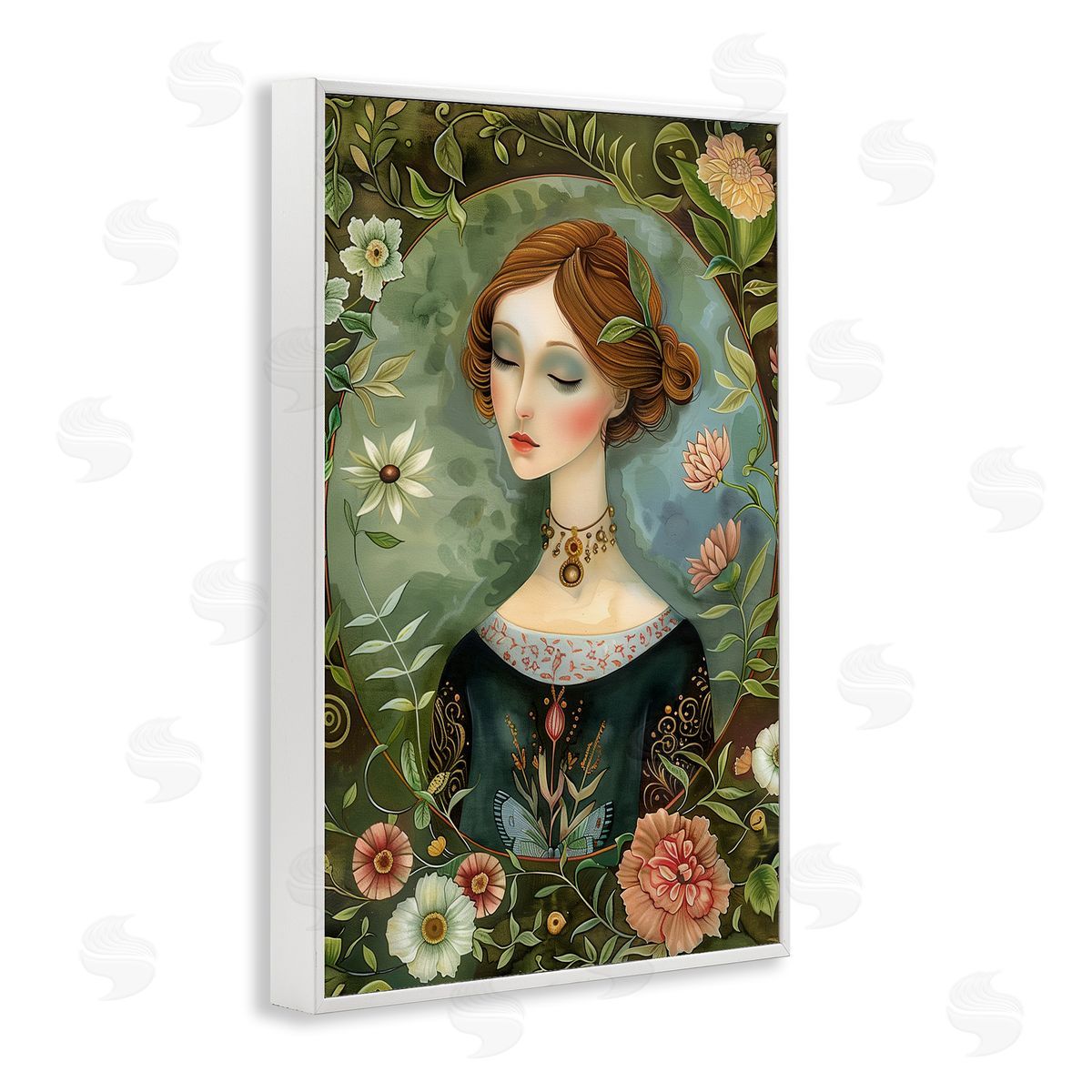 Floral Edged Victorian Woman White Frame Print Wall Art, Home Decor by The Dutch Lady