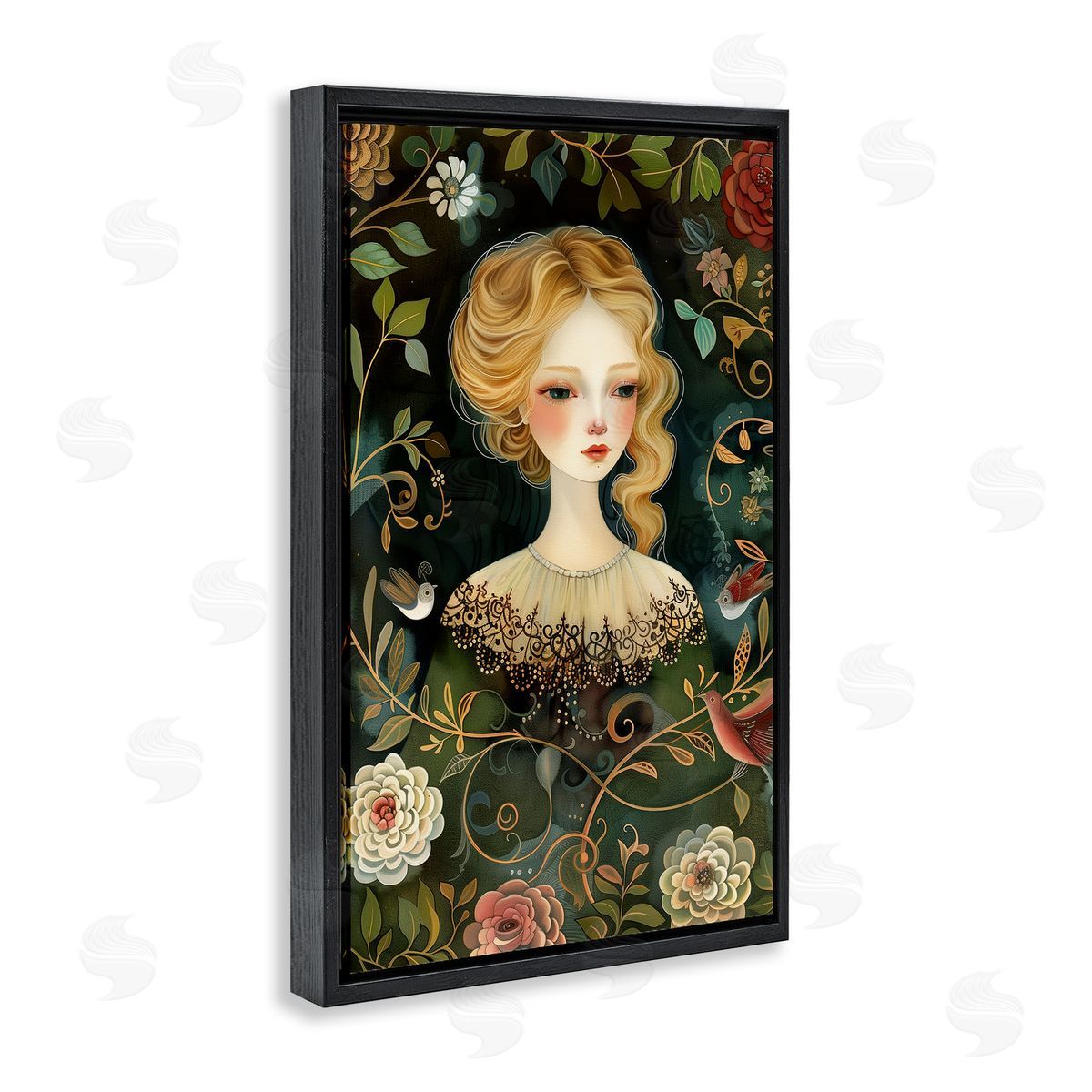 Victorina Woman with Florals Black Floating Frame Canvas Wall Art, Home Decor by The Dutch Lady