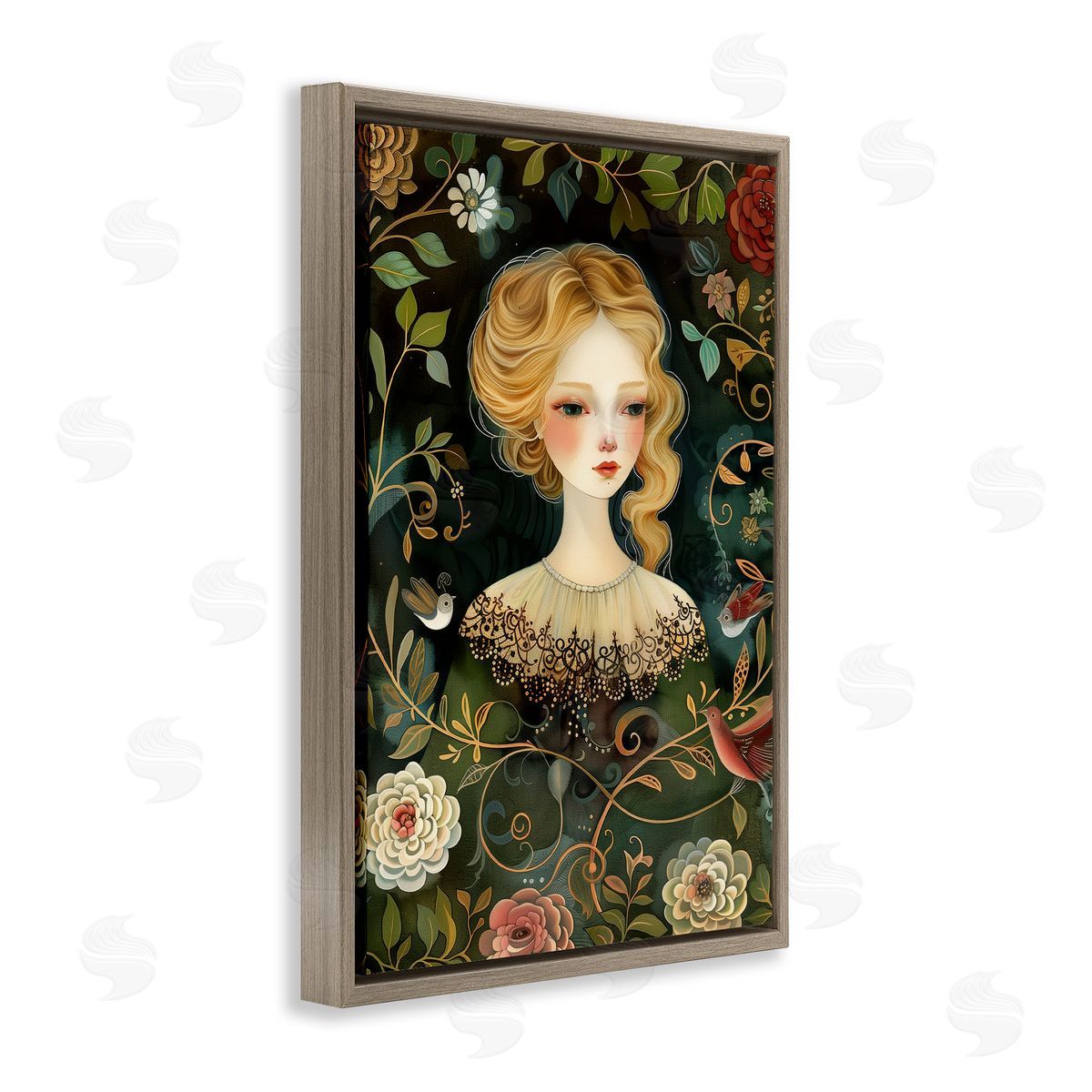 Victorina Woman with Florals Brown Floating Frame Canvas Wall Art, Home Decor by The Dutch Lady