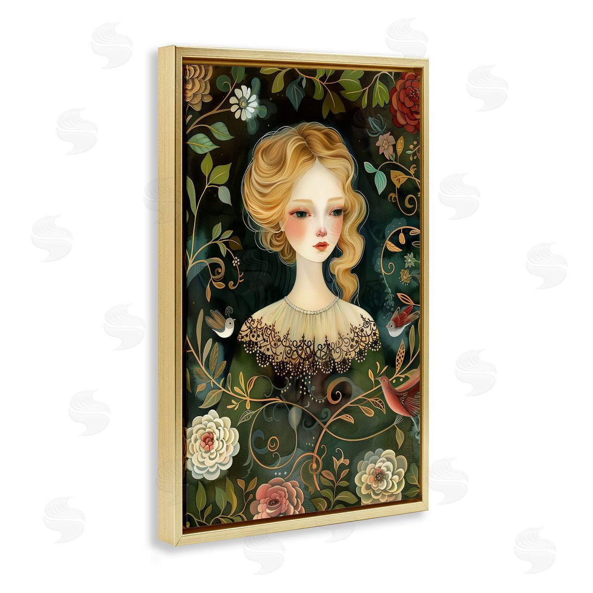 Victorina Woman with Florals Gold Floating Frame Canvas Wall Art, Home Decor by The Dutch Lady