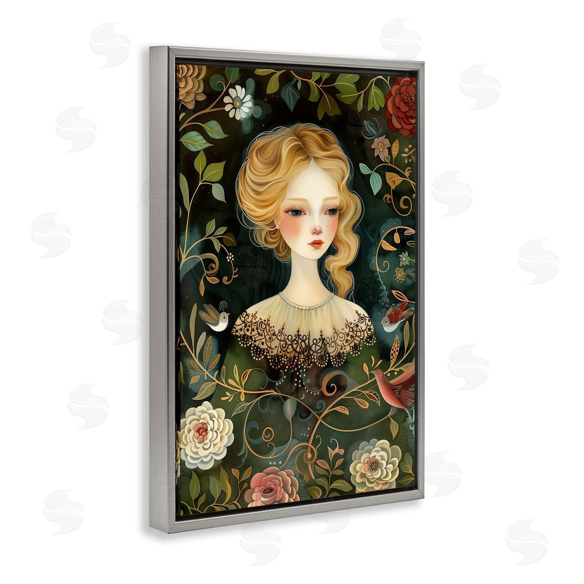 Victorina Woman with Florals Grey Floating Frame Canvas Wall Art, Home Decor by The Dutch Lady
