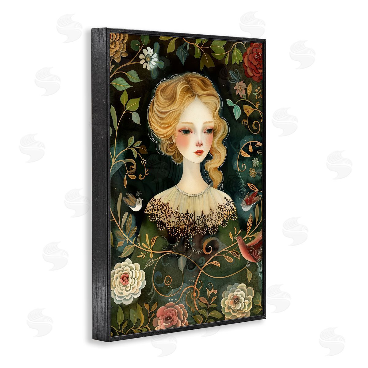 Victorina Woman with Florals Black Frame Print Wall Art, Home Decor by The Dutch Lady