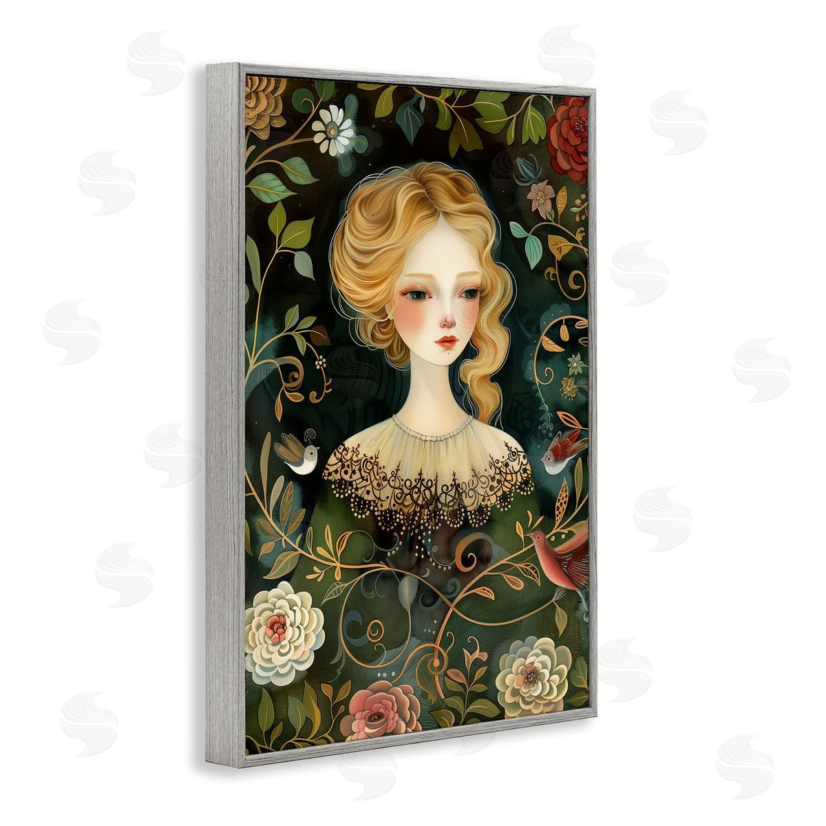 Victorina Woman with Florals Grey Frame Print Wall Art, Home Decor by The Dutch Lady