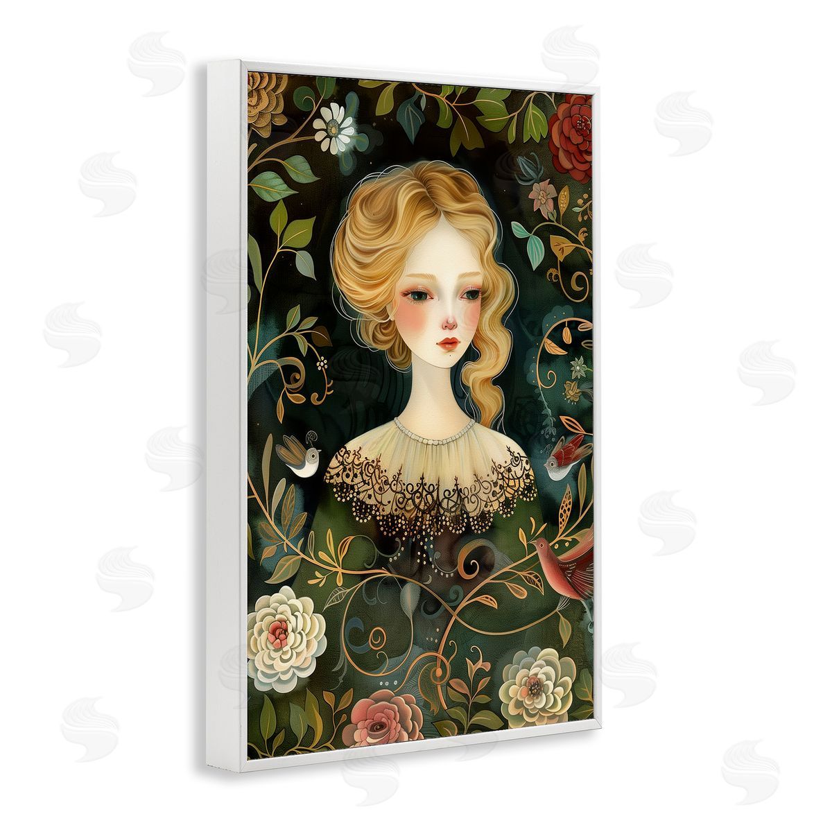 Victorina Woman with Florals White Frame Print Wall Art, Home Decor by The Dutch Lady