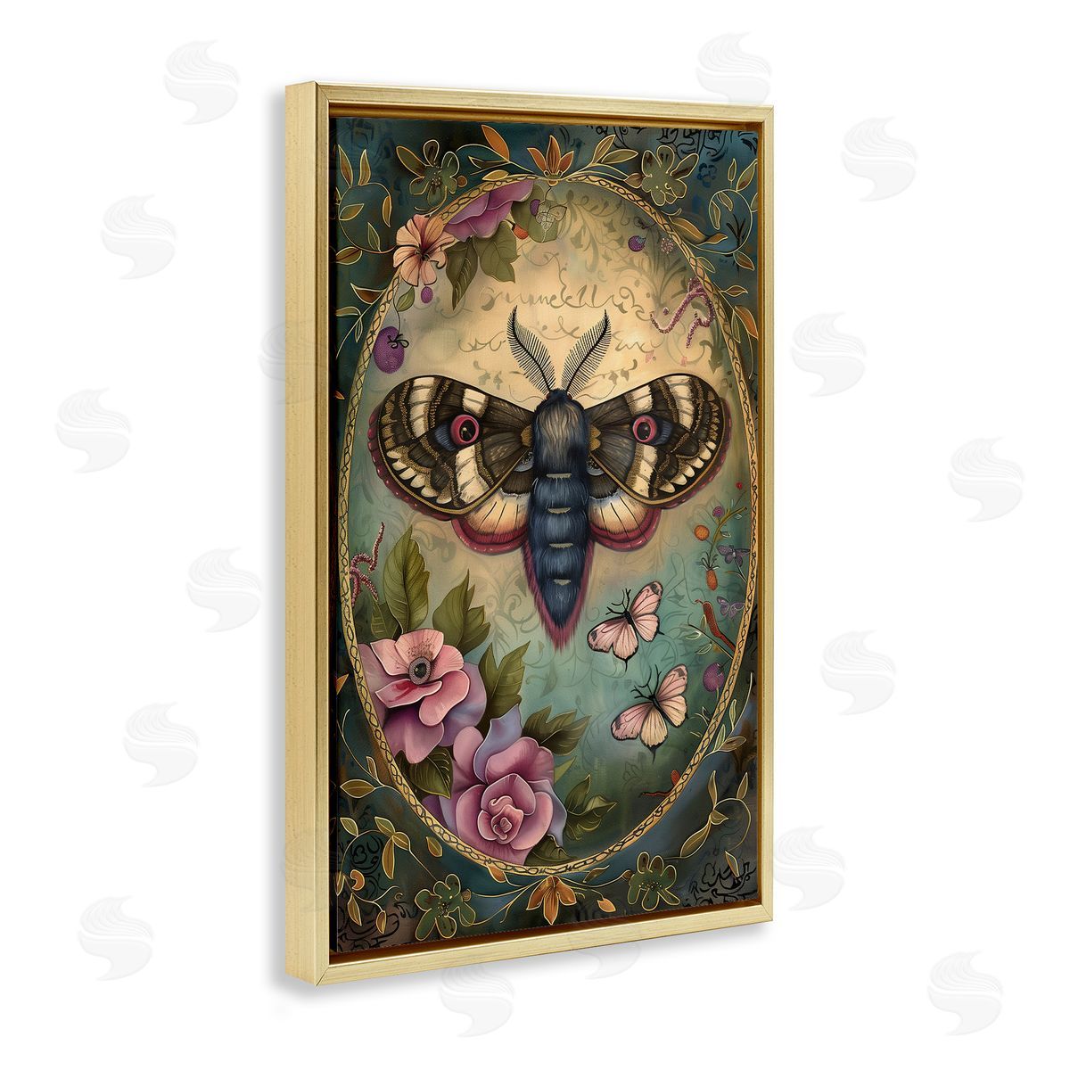 Vintage Moth & Floral Border Gold Floating Frame Canvas Wall Art, Home Decor by The Dutch Lady
