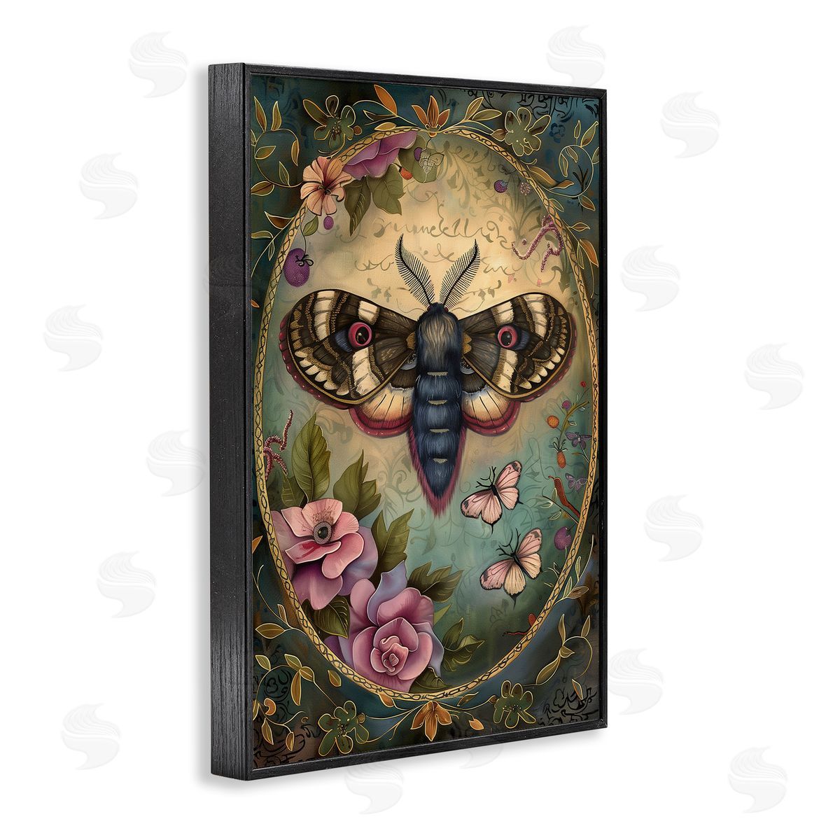 Vintage Moth & Floral Border Black Frame Print Wall Art, Home Decor by The Dutch Lady