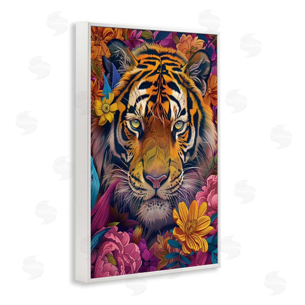 Peering Tiger Through Flowers White Frame Print Wall Art, Home Decor by LSR Design Studio