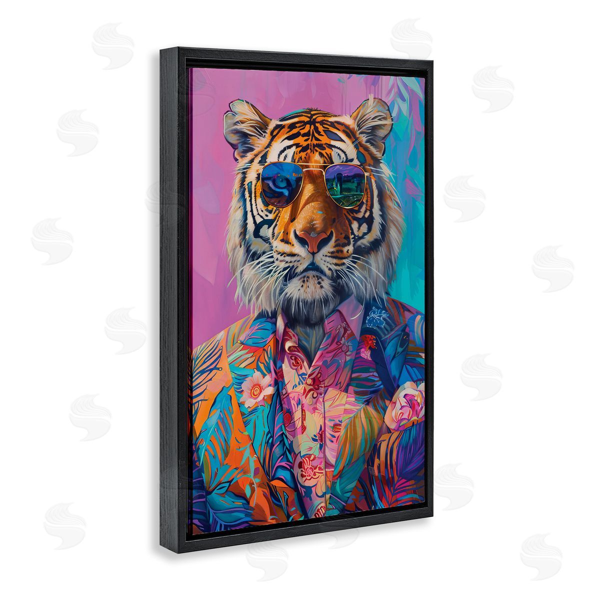 Bright Tropical Fashion Tiger Black Floating Frame Canvas Wall Art, Home Decor by LSR Design Studio