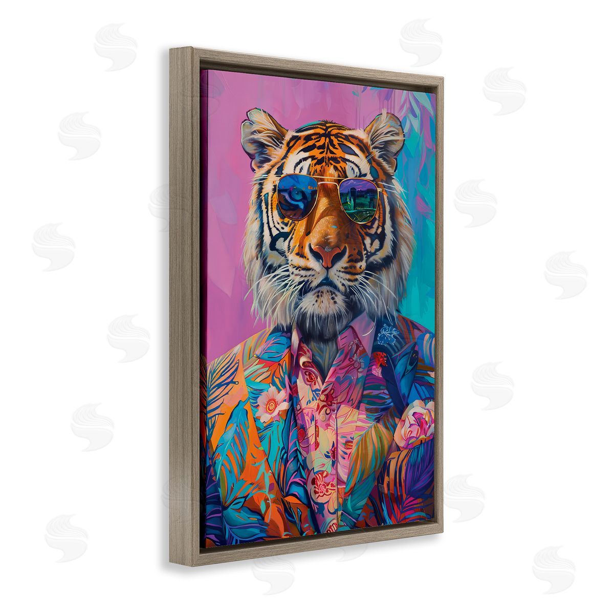 Bright Tropical Fashion Tiger Brown Floating Frame Canvas Wall Art, Home Decor by LSR Design Studio