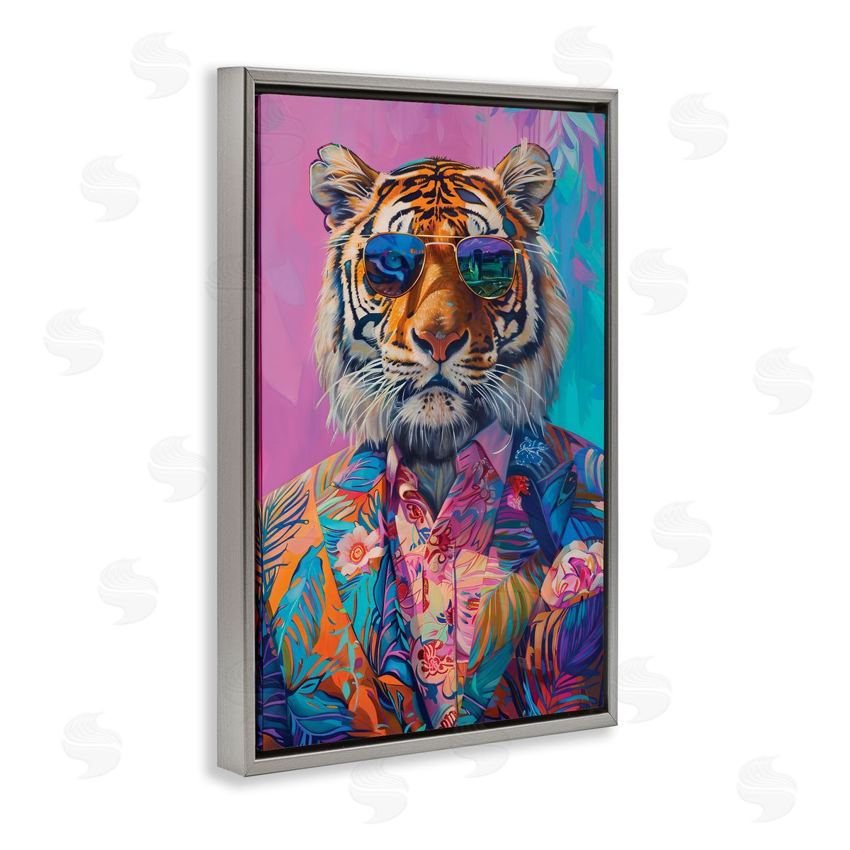 Bright Tropical Fashion Tiger Grey Floating Frame Canvas Wall Art, Home Decor by LSR Design Studio