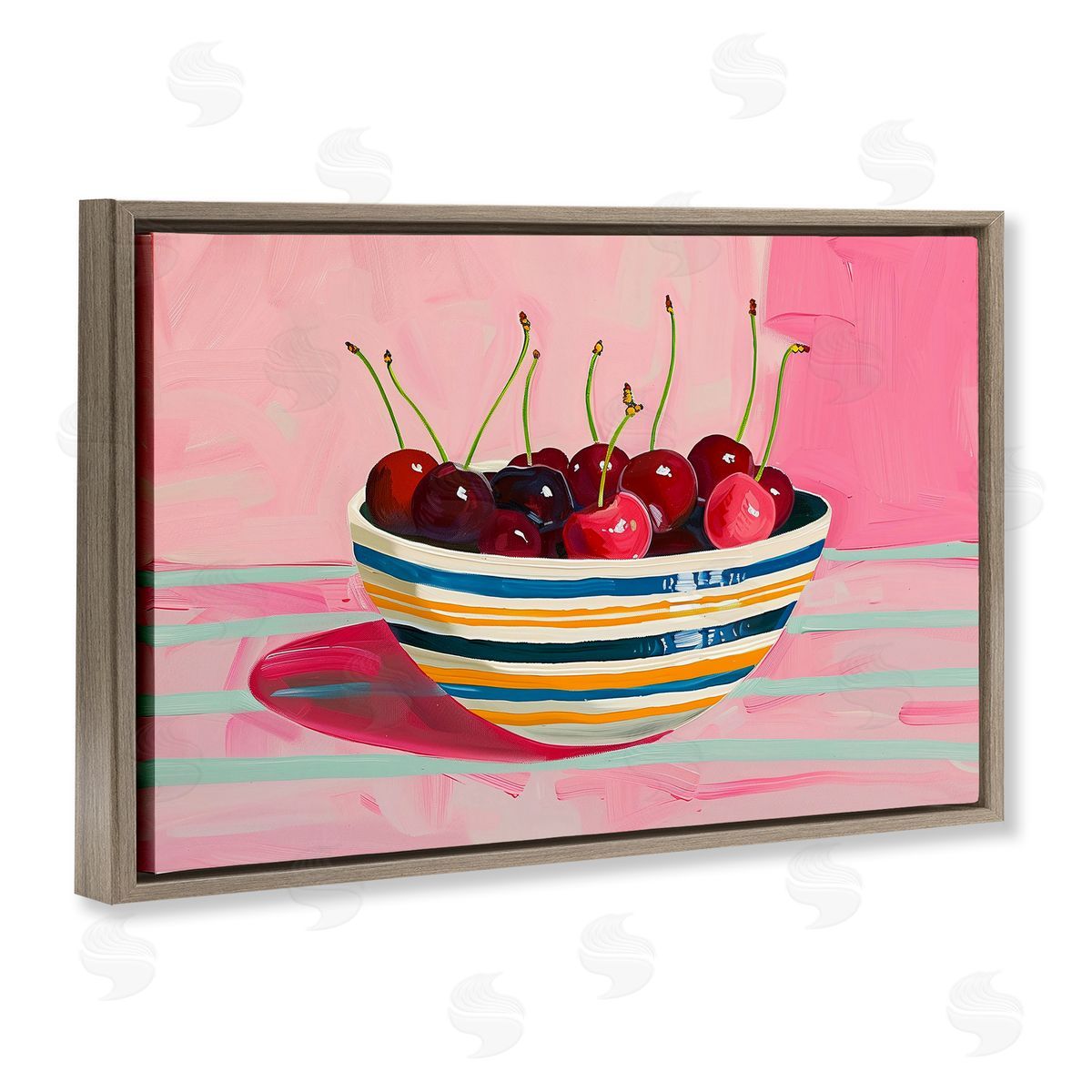 Bowl of Cherries on Pink Brown Floating Frame Canvas Wall Art, Home Decor by Arlington Prints