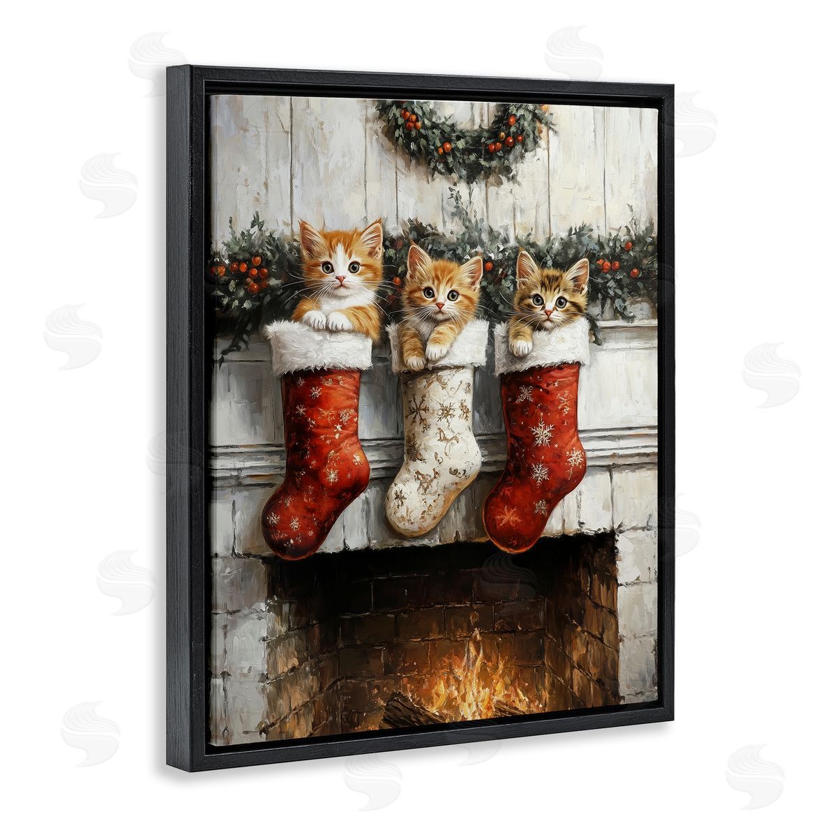 Christmas Kittens in Stockings Black Floating Frame Canvas Wall Art, Home Decor by Arlington Prints