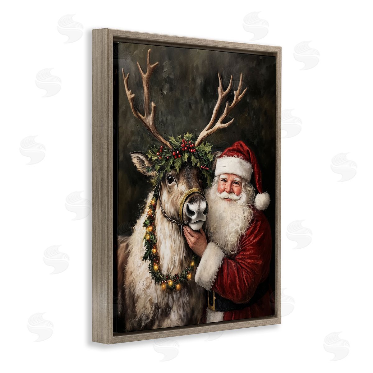 Santa & Reindeer Portrait Brown Floating Frame Canvas Wall Art, Home Decor by Arlington Prints