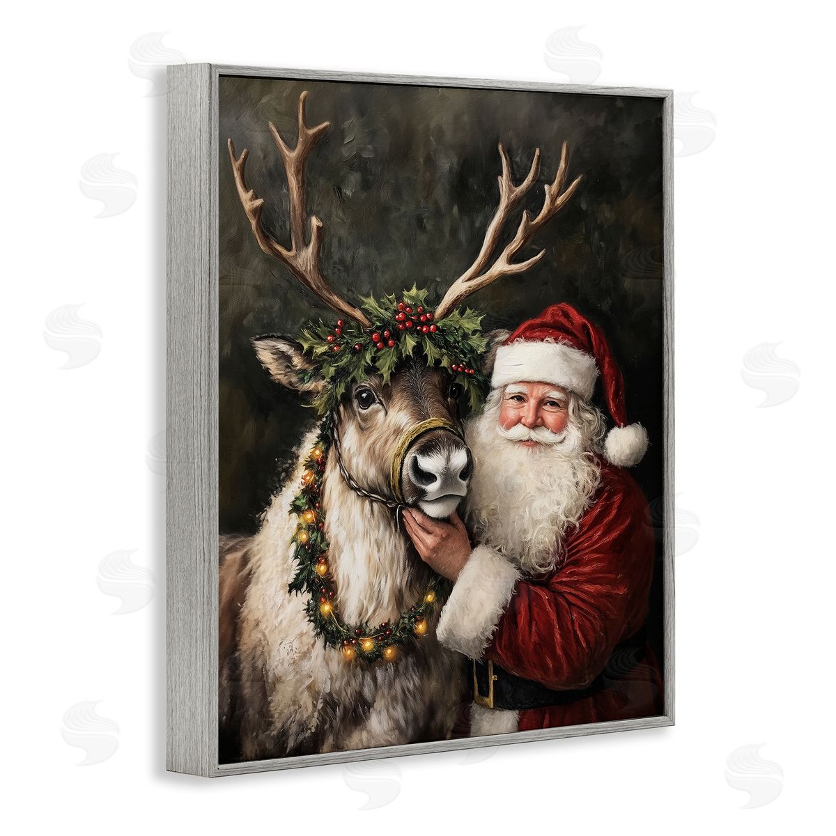 Santa & Reindeer Portrait Grey Frame Print Wall Art, Home Decor by Arlington Prints