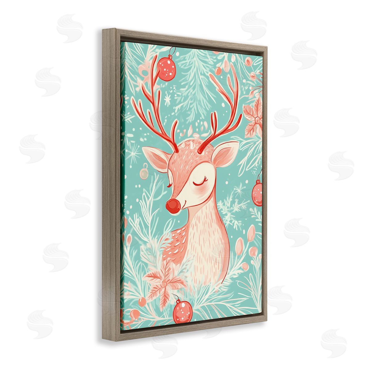 Pink & Blue Vintage Reindeer Brown Floating Frame Canvas Wall Art, Home Decor by Arlington Prints