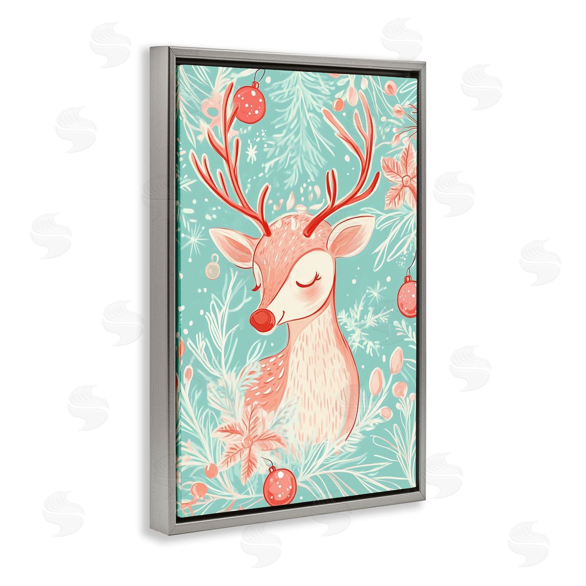 Pink & Blue Vintage Reindeer Grey Floating Frame Canvas Wall Art, Home Decor by Arlington Prints