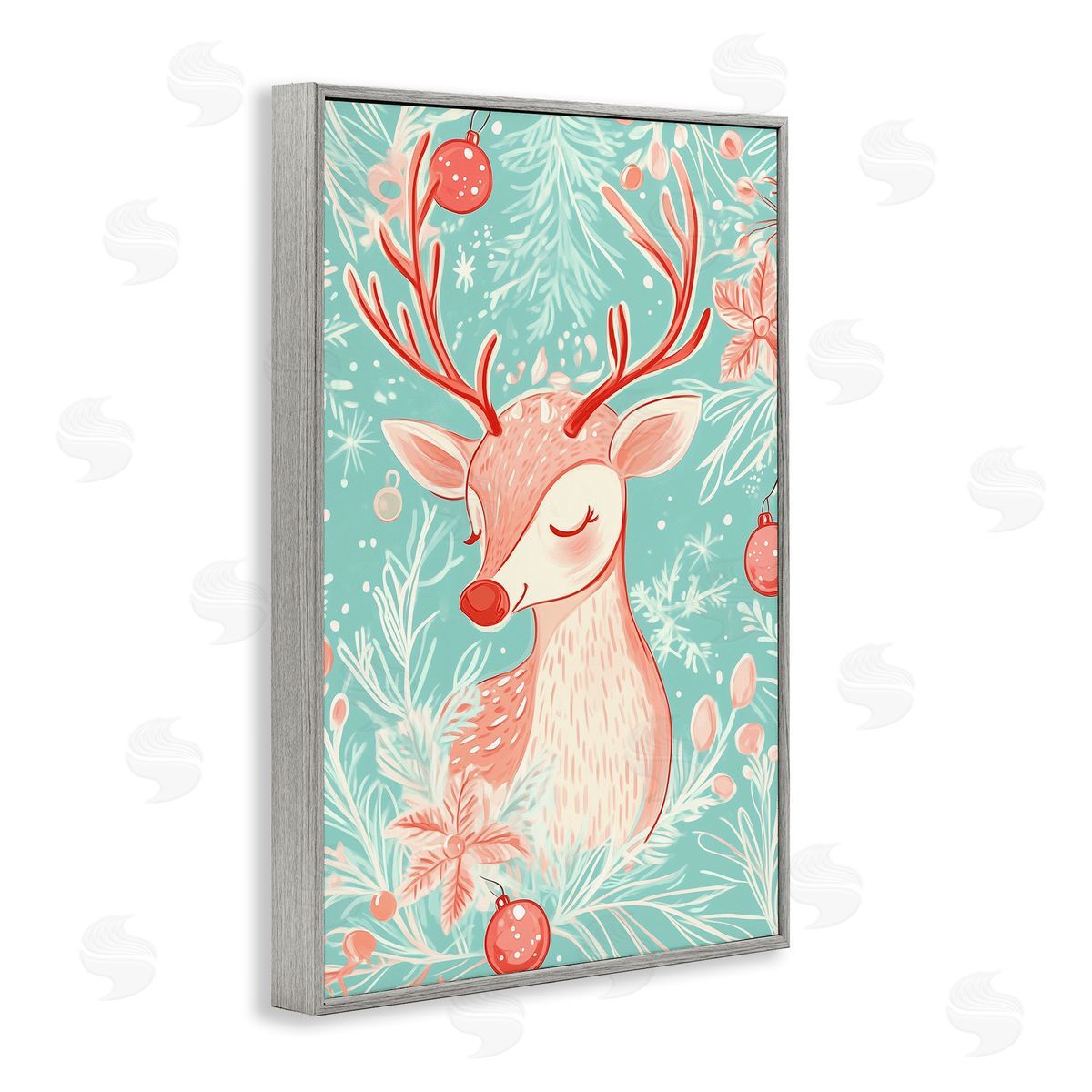 Pink & Blue Vintage Reindeer Grey Frame Print Wall Art, Home Decor by Arlington Prints