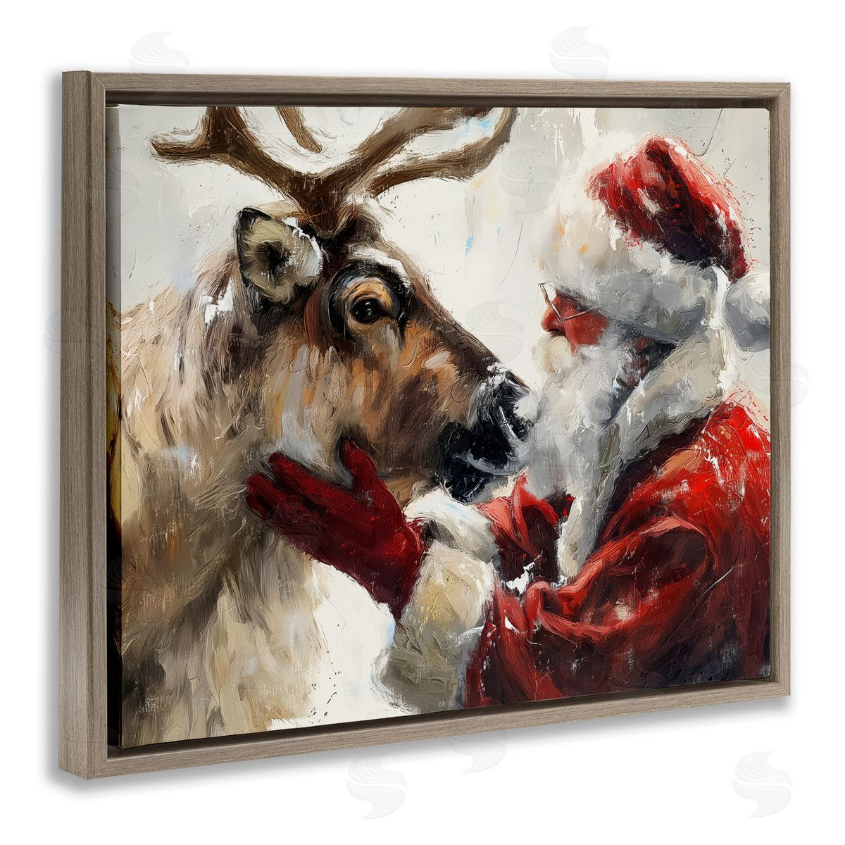 Traditional Santa & Reindeer Brown Floating Frame Canvas Wall Art, Home Decor by Arlington Prints