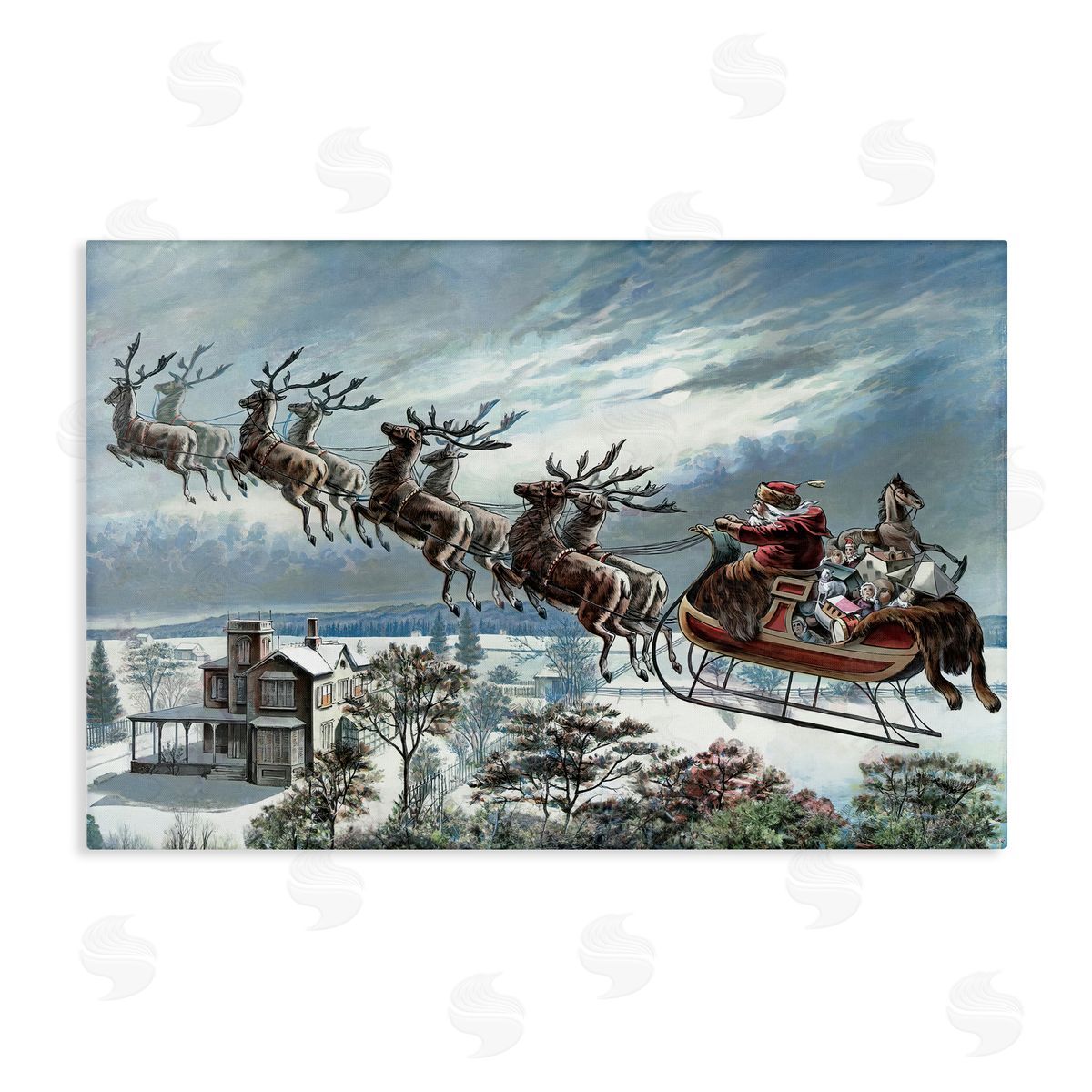 Santa's Sleigh over Town Canvas Wall Art, Home Decor by Arlington Prints