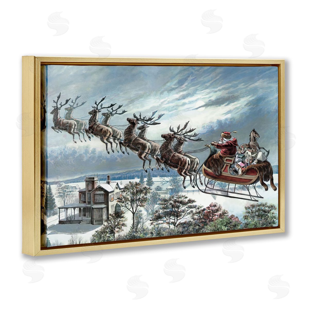 Santa's Sleigh over Town Gold Floating Frame Canvas Wall Art, Home Decor by Arlington Prints